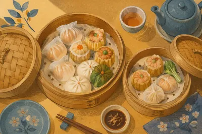 Overhead Dim Sum Bamboo Steamer Variety