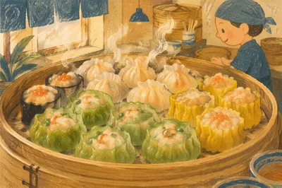 Steaming Bamboo Basket of Assorted Dim Sum
