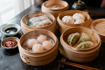 Variety of Dim Sum in Bamboo Steamers