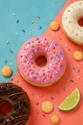 Colorful Donut Assortment on Pastel Flat Lay
