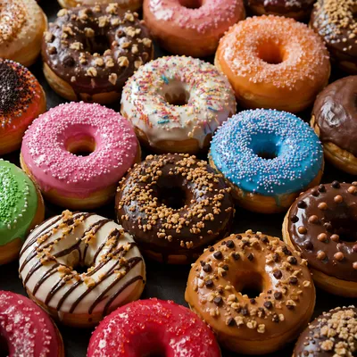 Colorful Glazed Donut Assortment Flat Lay