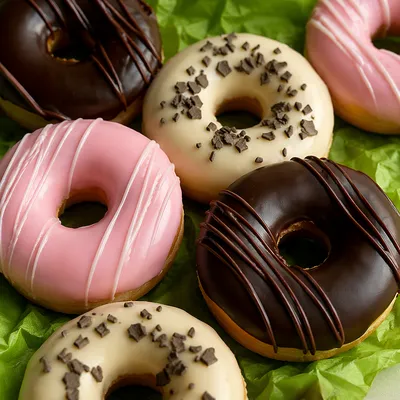 Colorful Glazed Donuts on Lime Parchment