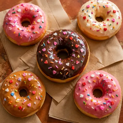 Colorful Glazed Donuts on Kraft Napkins