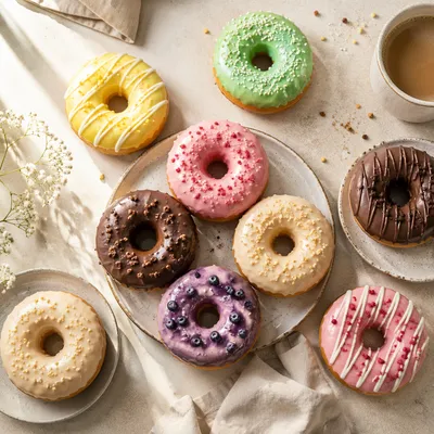 Colorful Glazed Donut Flat Lay