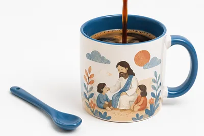 Espresso Pour Into Blue White Ceramic Mug