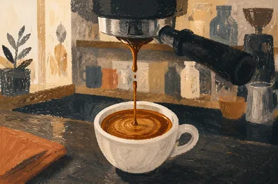 Espresso Pour into White Cafe Cup