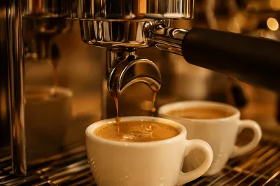 Fresh Espresso Pour into White Cup