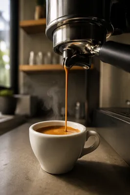 Morning Espresso Pour Into White Demitasse