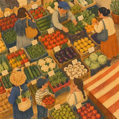 Overhead Farmers Market Fresh Vegetable Display
