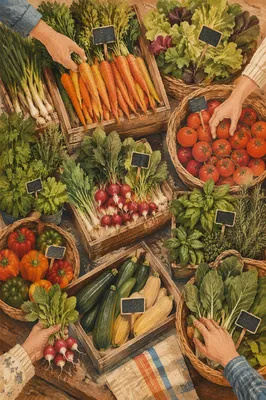 Overhead Farmers Market Vegetable Display