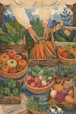 Overhead Farmers Market Vegetable Table Scene