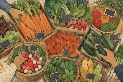 Overhead Farmers Market Vegetable Display