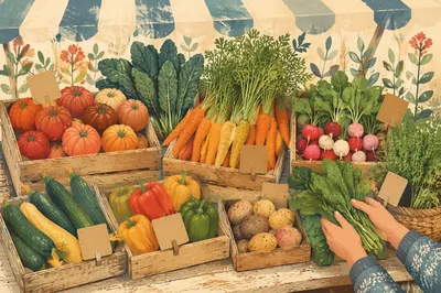 Fresh Farmers Market Vegetable Crates Overhead