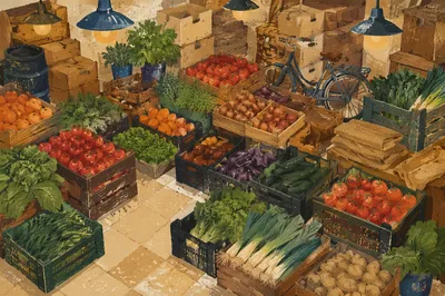 Overhead Farmers Market Vegetable Stall Scene