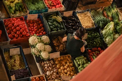Overhead Farmers Market Fresh Produce Display