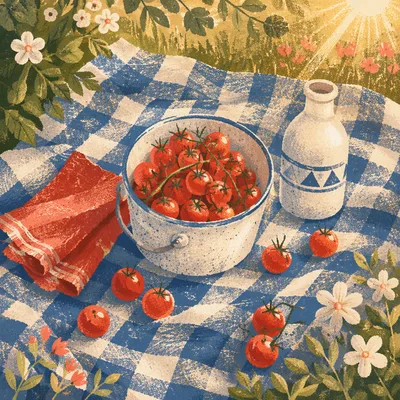 Summer Picnic Flat Lay with Cherry Tomatoes