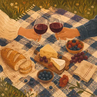 Romantic Picnic Toast on Checkered Blanket