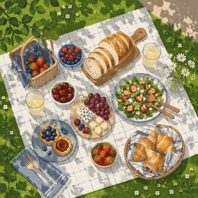 Summer Picnic Spread on Checkered Blanket