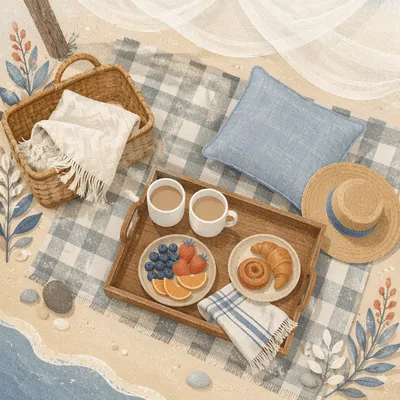 Coastal Picnic Flat Lay on Checkered Blanket
