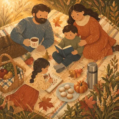 Cozy Autumn Picnic on Checkered Blanket