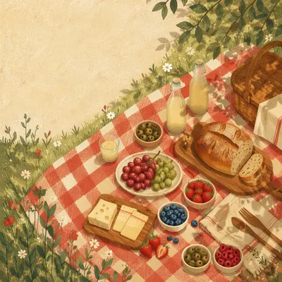 Sunny Picnic Spread on Checkered Blanket