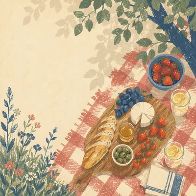 Summer Picnic Flat Lay on Checkered Blanket