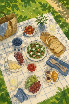 Summer Picnic Spread on Checkered Blanket