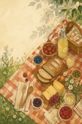 Sunlit Picnic Flat Lay on Checkered Blanket