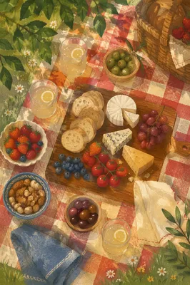 Summer Picnic Flat Lay on Checkered Blanket