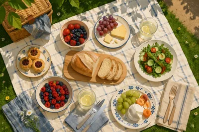 Summer Picnic Flat Lay on Checkered Blanket