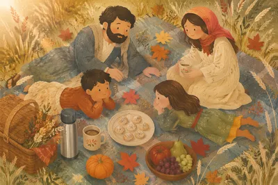 Cozy Autumn Picnic on Checkered Blanket