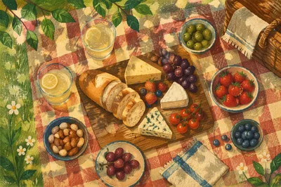 Summer Picnic Spread on Checkered Blanket