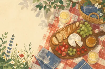 Summer Picnic Flat Lay on Checkered Blanket