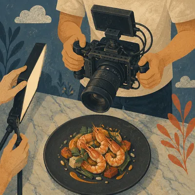 Overhead Seafood Photography Setup With Camera Rig