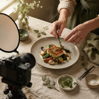 Cozy Food Photography Setup with Plated Dish
