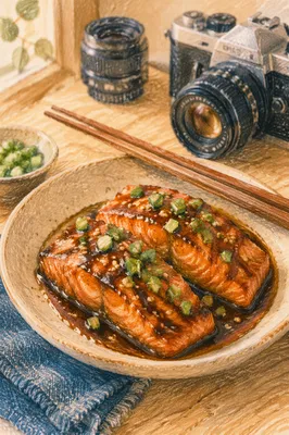 Seared Salmon Photography Setup with Camera