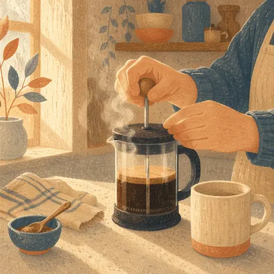 French Press Coffee in Morning Sunlight