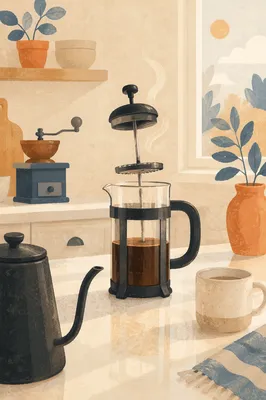 Morning French Press in Sunlit Kitchen