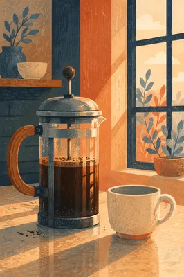 French Press Coffee in Morning Sunlight