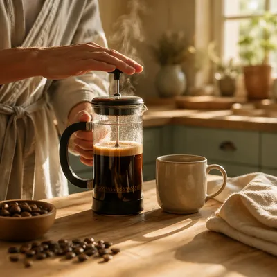 Morning French Press Coffee in Sunlit Kitchen