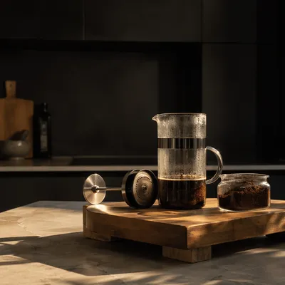 French Press Coffee in Morning Sunlight