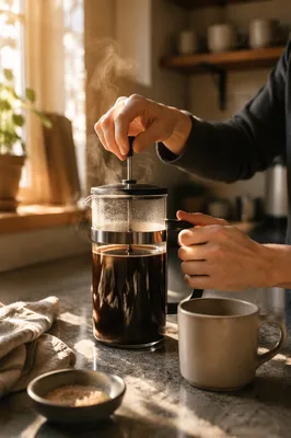 French Press Coffee in Morning Sunlight