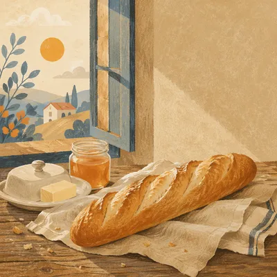 Rustic French Baguette on Linen Cloth