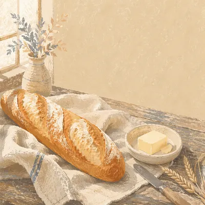 Rustic French Baguette on Linen Cloth