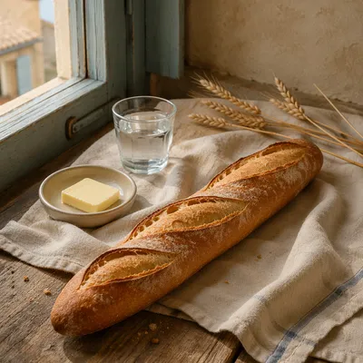 Rustic French Baguette on Linen Cloth