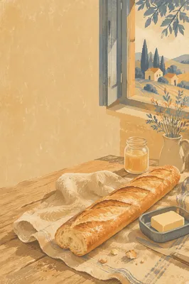 Rustic French Baguette on Linen Cloth