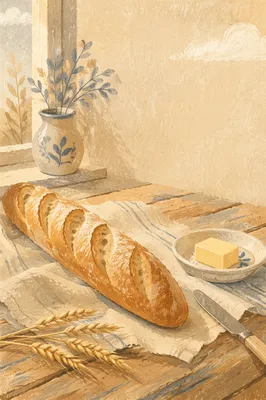 Rustic French Baguette on Linen Cloth