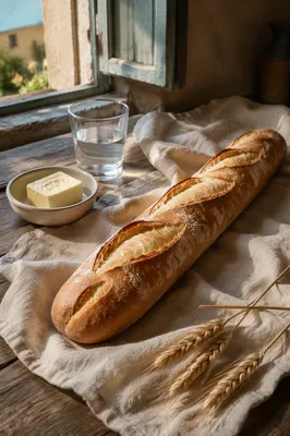 Rustic French Baguette on Linen Cloth