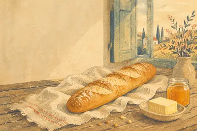 Rustic French Baguette on Linen Cloth