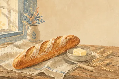 Rustic French Baguette on Linen Cloth